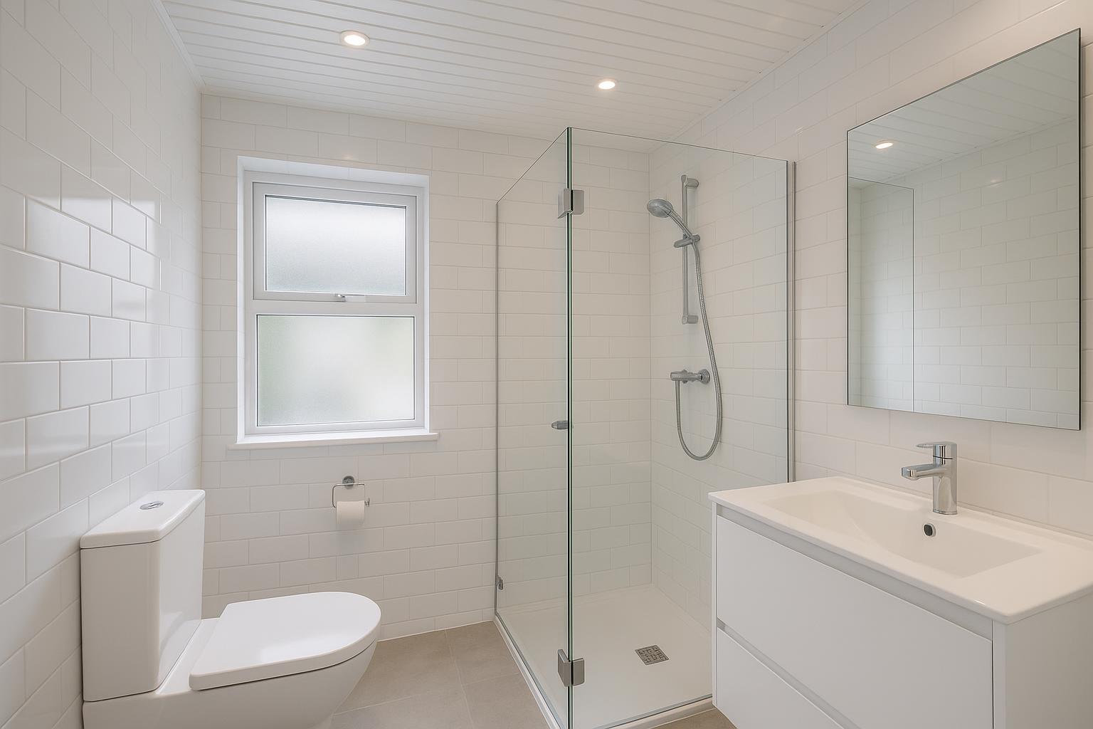 Baño moderno con techo de lamas PVC blancas y focos LED empotrados